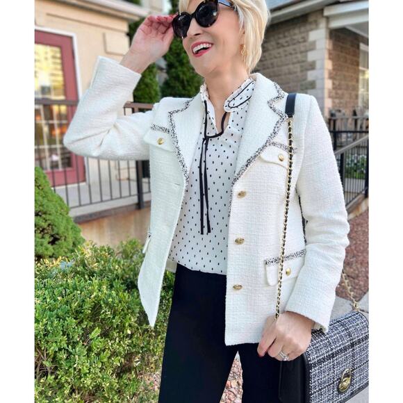Talbots Tipped Tweed Blazer White Gold Buttons Cotton Blend 12 Petite New - Picture 1 of 7